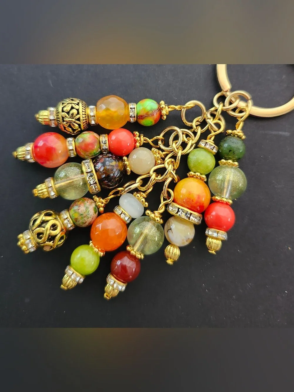 Pumpkin Bag Charm or Keychain Rhinestone Jade Agate Carnelian Handcrafted